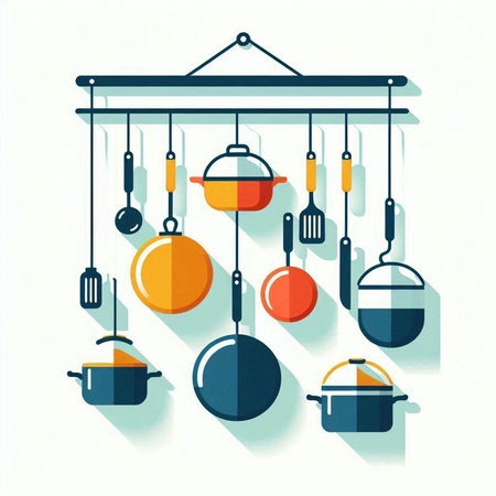 Kitchen utensils hanging on the wall. Vector illustration.のイラスト素材