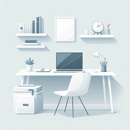 Modern office interior design. Workspace with computer, bookshelf, table, chair, lamp and other items. Vector illustration.のイラスト素材