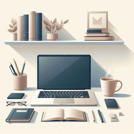 Modern home office workplace with laptop, books, coffee cup and other items. Vector illustration.のイラスト素材