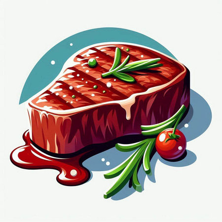 Steak with rosemary, tomato and sauce. Vector illustration.のイラスト素材
