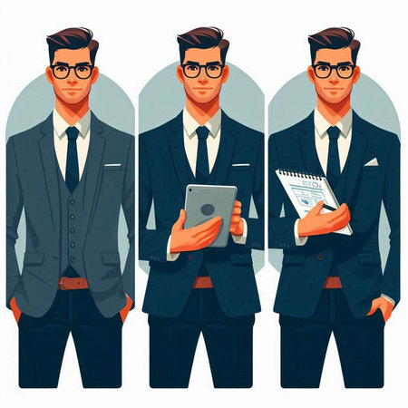 Businessman in a suit and glasses with a tablet. Vector illustrationのイラスト素材