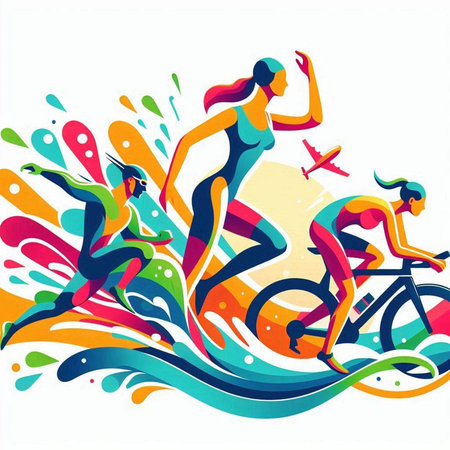 Cyclists running on colorful background. Vector illustration. Clip-artのイラスト素材