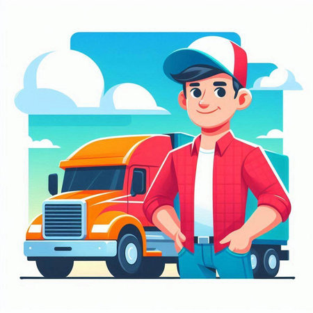 Cartoon man in a red shirt and cap standing next to a truck. Vector illustrationのイラスト素材