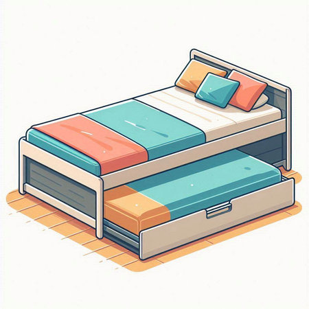 Illustration of a single bed with pillows on the floor.のイラスト素材