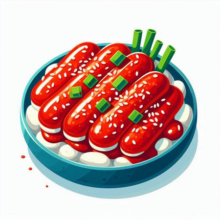 Illustration of a plate with sausages on a white backgroundのイラスト素材