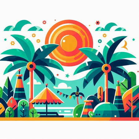 Tropical beach with palm trees and sun. Vector illustration.のイラスト素材
