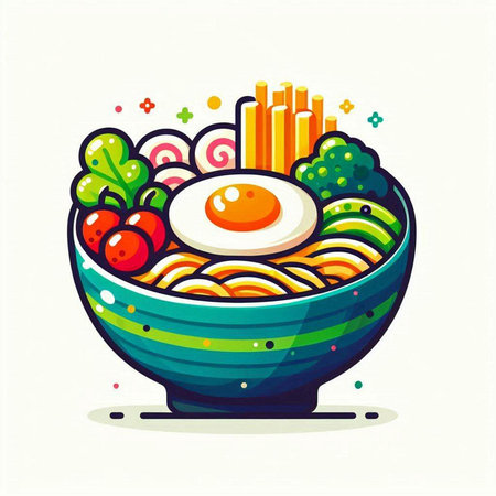 Illustration of noodle bowl with fried egg and vegetables in cartoon style.のイラスト素材
