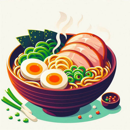 Bowl of noodle soup with meat and vegetables. Vector illustration.のイラスト素材