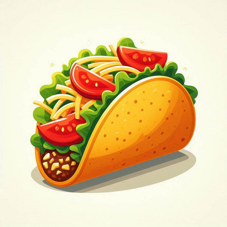 Illustration of a taco with lettuce, tomato and cheese on a white backgroundのイラスト素材