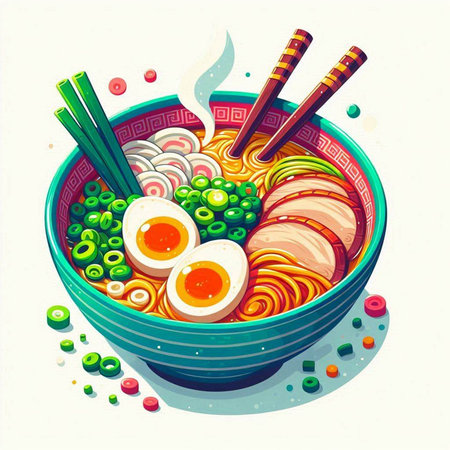 Ramen noodle soup in bowl with chopsticks vector illustration.のイラスト素材
