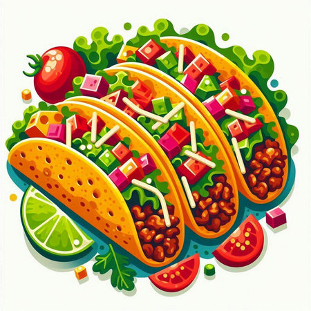 Mexican tacos with meat and vegetables. Vector illustration of tacos.のイラスト素材