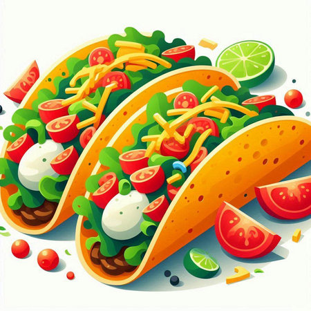 Mexican tacos with vegetables and mozzarella. Vector illustration.のイラスト素材