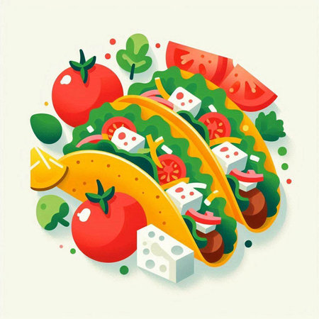 Tacos with cheese, tomato and lettuce. Vector illustration.のイラスト素材