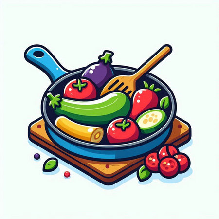 Frying pan with fresh vegetables. Vector illustration in cartoon style.のイラスト素材