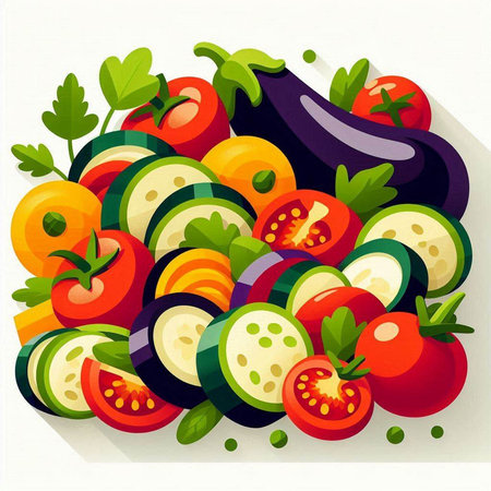 Vegetable salad with tomatoes, eggplant, cucumber and parsley. Vector illustration.のイラスト素材