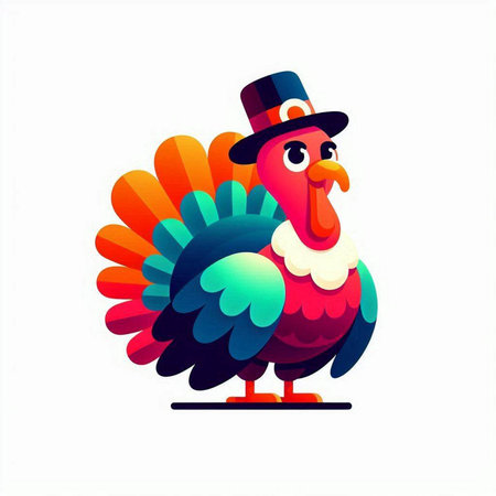 Cute cartoon turkey in top hat. Vector illustration isolated on white background.のイラスト素材