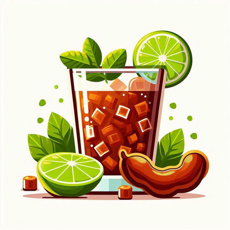 Cuba libre cocktail with lime and mint. Vector illustration.のイラスト素材