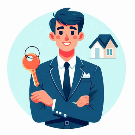 Real estate agent with house keys. Vector illustration in cartoon style.のイラスト素材