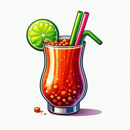 Cocktail with red caviar, lime and straws. Vector illustration.のイラスト素材