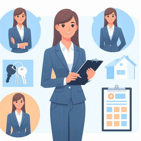 Real estate agent. Businesswoman holding clipboard and pen. Vector illustrationのイラスト素材