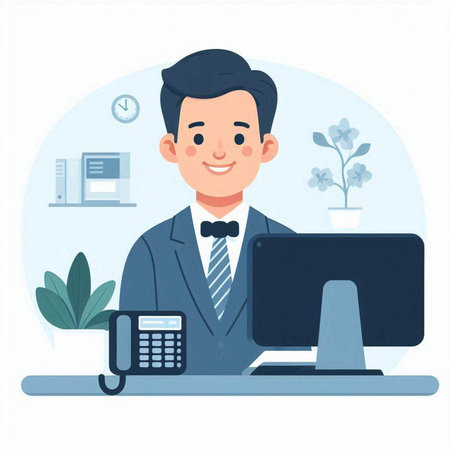 Businessman working at office. Vector illustration in a flat style.のイラスト素材
