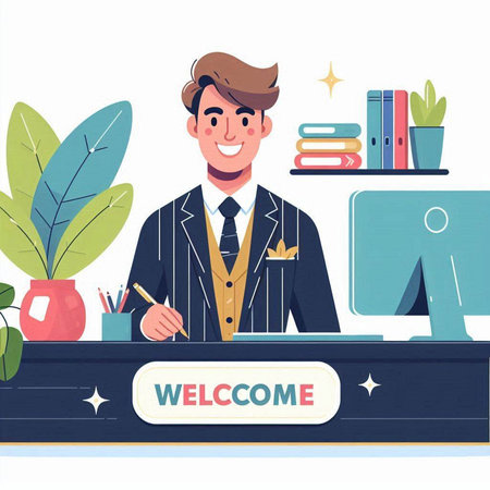 Vector illustration of young man working on computer at home office. Online education and remote work concept.のイラスト素材