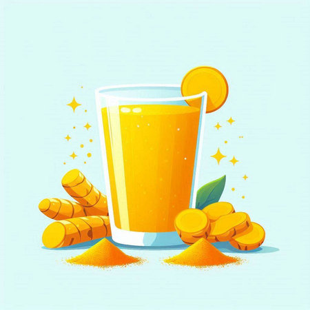Turmeric juice in a glass with turmeric root. Vector illustration.のイラスト素材