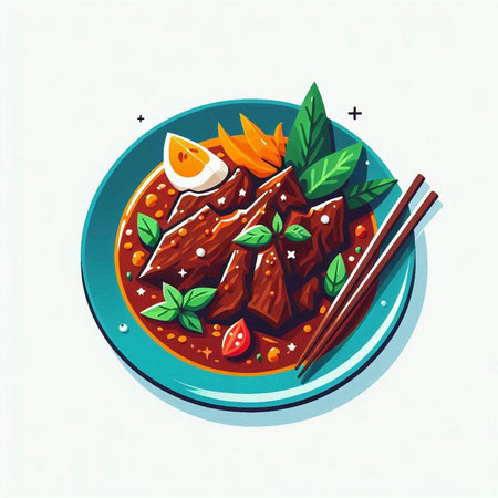 Noodle soup with meat and vegetables in a plate. Vector illustration.のイラスト素材
