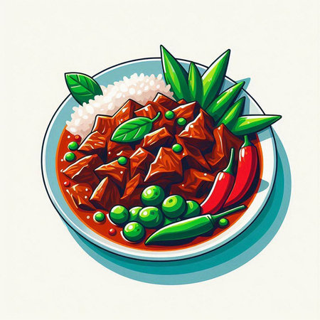 Illustration of a bowl of beef with rice and green peas.のイラスト素材