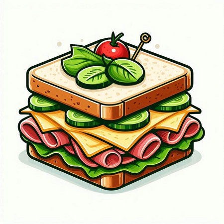 Sandwich with ham, cheese, cucumber, tomato and basilのイラスト素材