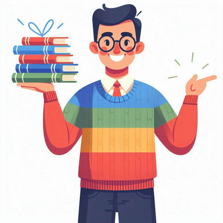 Young man holding pile of books. Vector illustration in cartoon style.のイラスト素材