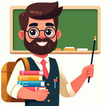 Teacher with books and a pointer in his hand. Vector illustration.のイラスト素材