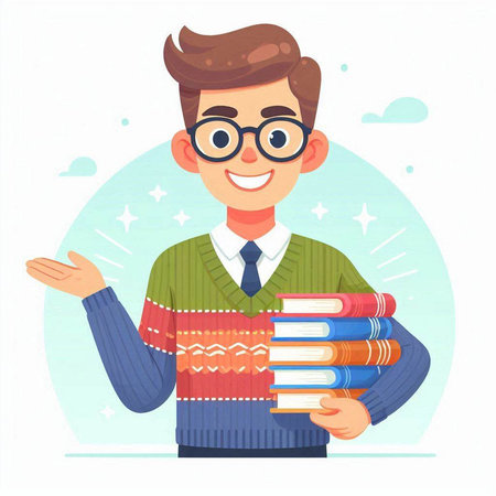 Vector illustration of a happy young man holding a pile of books.のイラスト素材