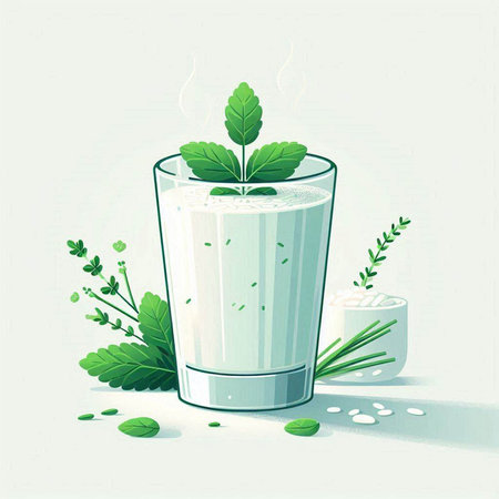 Vector illustration of a glass of milk with mint leaves and sour creamのイラスト素材