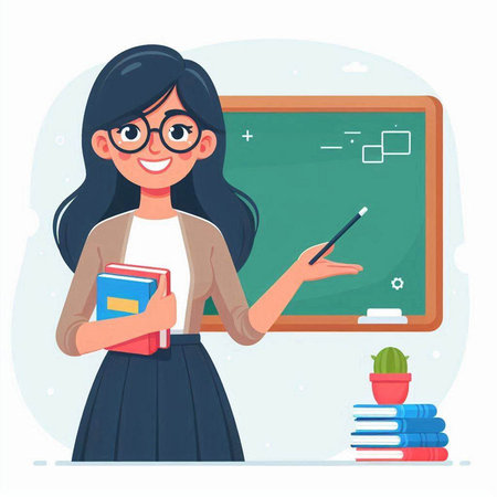 Female teacher in glasses standing at the blackboard. Vector illustration in cartoon style.のイラスト素材