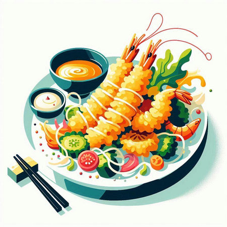 Illustration of japanese food with shrimps and sauceのイラスト素材