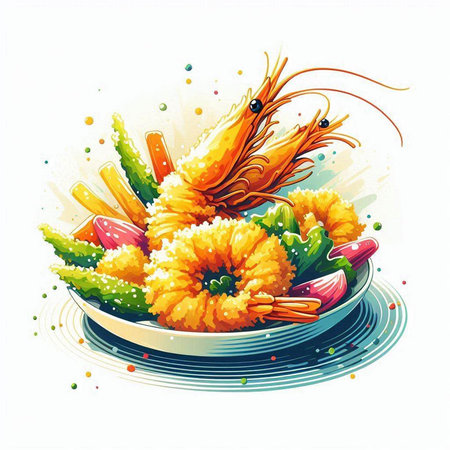 Illustration of Fresh Shrimps with Vegetables on a Plateのイラスト素材
