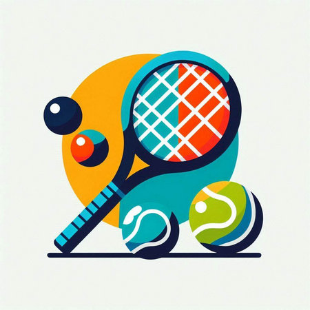 Tennis racket and balls. Vector illustration in flat design style.のイラスト素材