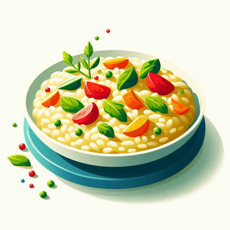 Illustration of a bowl of risotto with tomatoes, basil and olive oilのイラスト素材