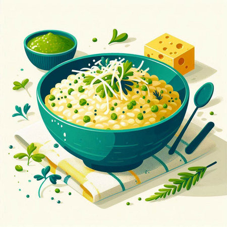 Vector illustration of a bowl of risotto with green pesto and cheeseのイラスト素材