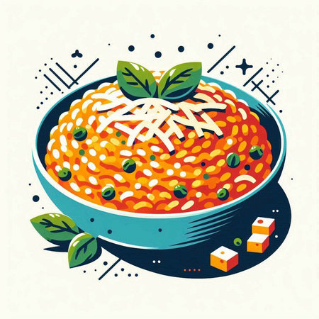 Illustration of tomato risotto with basil and cheese in a bowlのイラスト素材