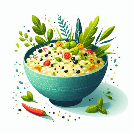 Millet porridge with vegetables and herbs in a bowl. Vector illustration.のイラスト素材