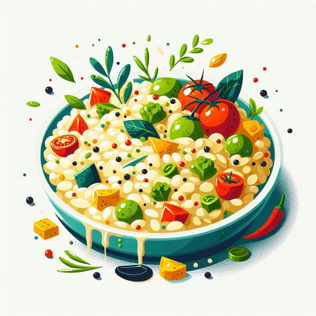 Risotto with vegetables and cheese in a bowl. Vector illustration.のイラスト素材