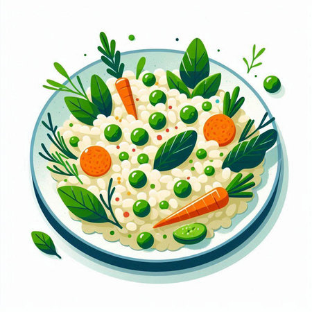 Risotto with green peas, carrots and herbs. Vector illustration.のイラスト素材