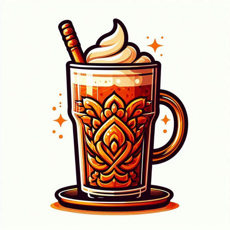 Cup of hot chocolate with whipped cream and cinnamon stick. Vector illustration.のイラスト素材