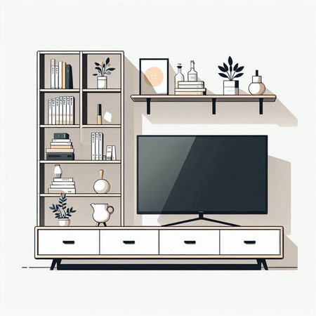 Living room interior with bookshelf and TV. Vector illustration.のイラスト素材