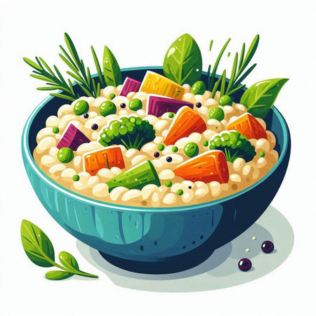 Oatmeal porridge with vegetables in a bowl. Vector illustration.のイラスト素材