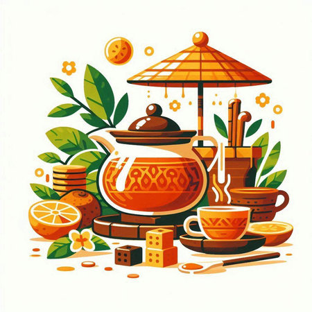 Vector illustration of a tea ceremony. Teapot, cup, teacup, honey, tea leaves, honeycomb.のイラスト素材