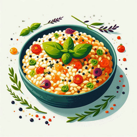 Vector illustration of a bowl of barley porridge with vegetables and herbsのイラスト素材