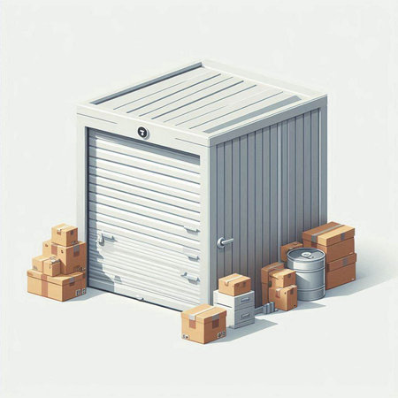 Illustration of a warehouse with cardboard boxes in isometric projection.のイラスト素材